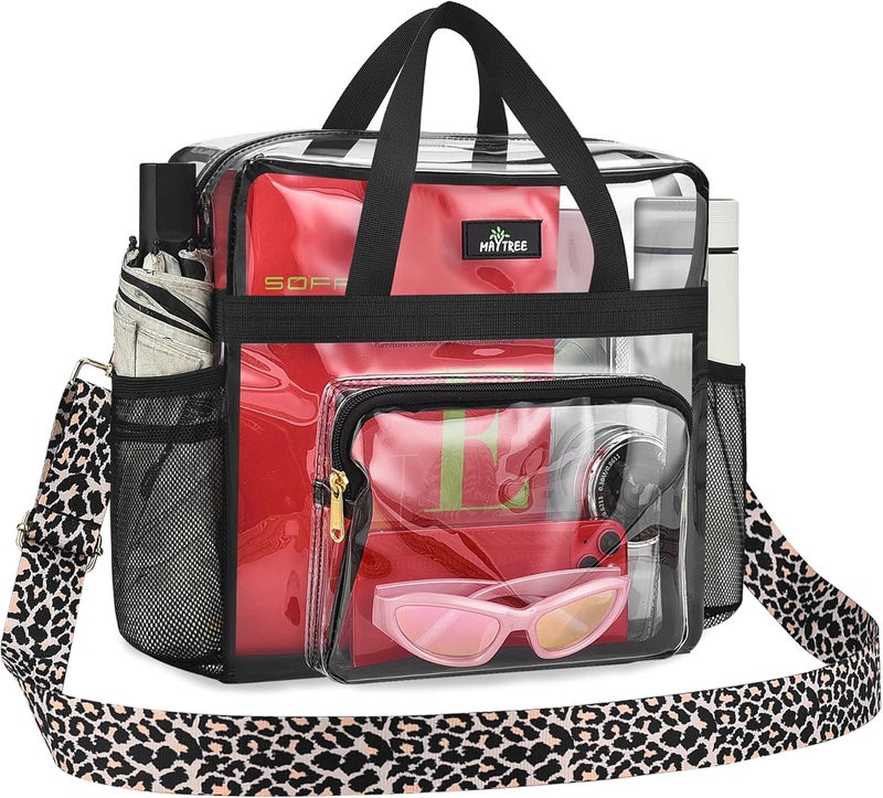 MAYTREE Clear Bag for Stadium Events, 12x6x12 Clear Tote Bag with Removable Strap, Transparent Bag for Concert Sports Festival, Leopard-Strap - Image 1